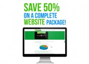"50 percent off website image with green and blue lettering"