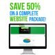 "50 percent off website image with green and blue lettering"